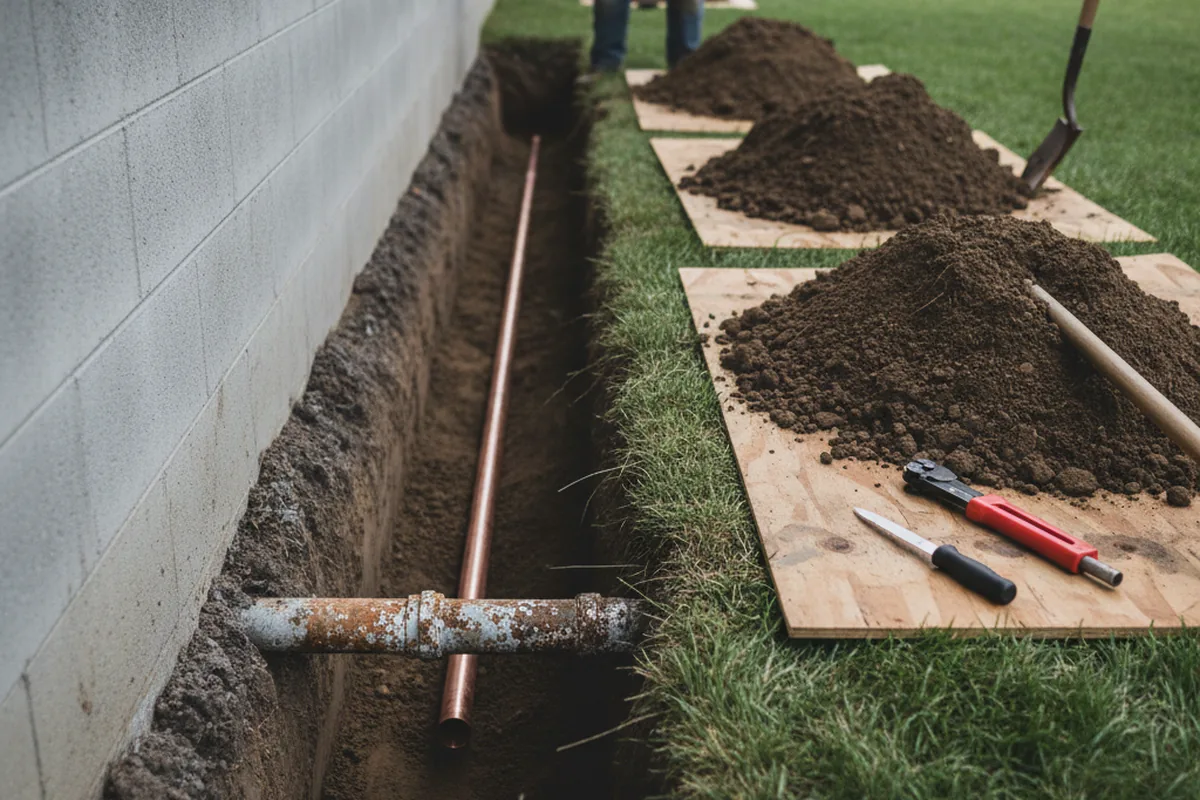 Excavated water line trench during Sewer Line Repair in Bernville